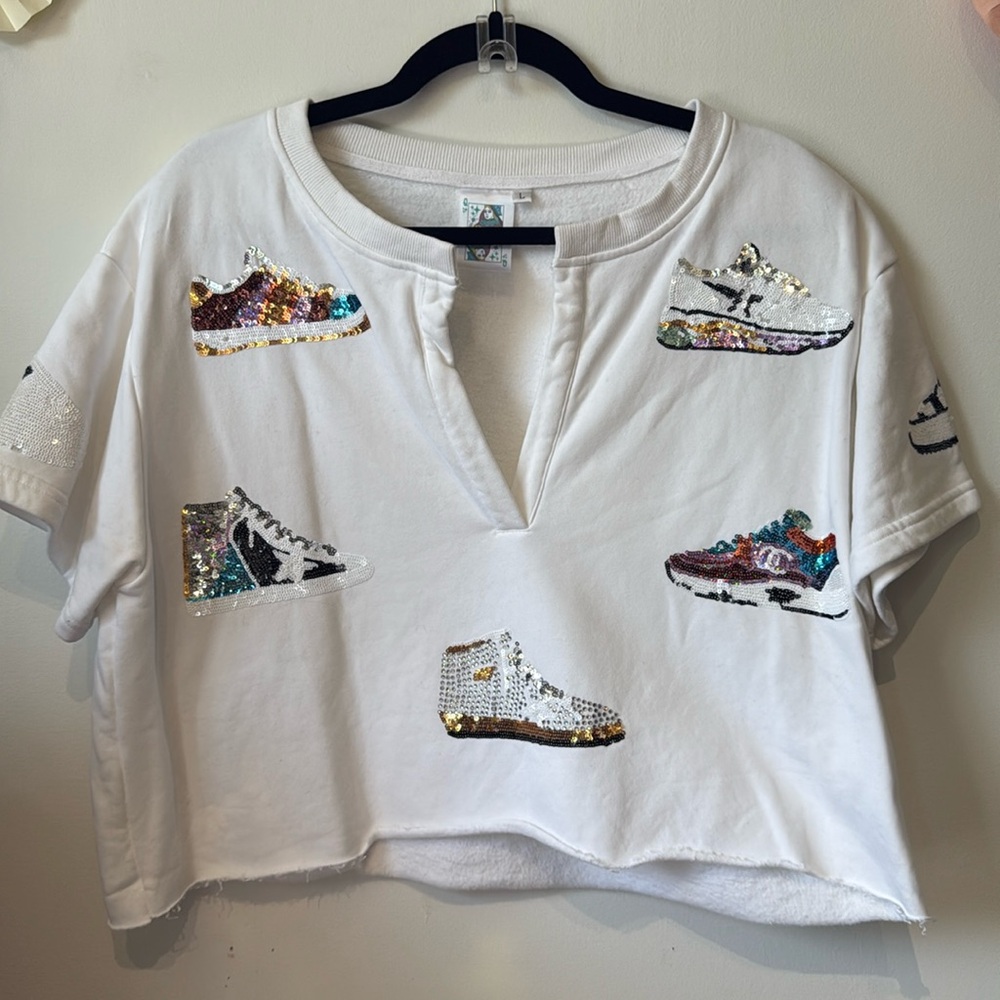 QUEEN OF SPARKLES White Sequin Sneaker Top
